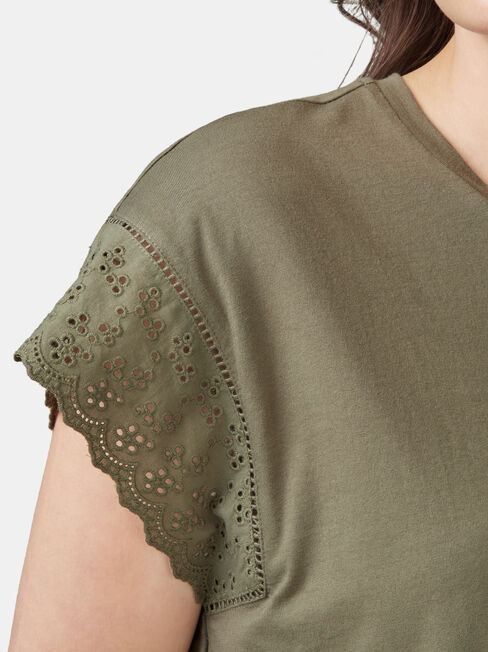 Beth Broderie Trim Tee, Green, hi-res