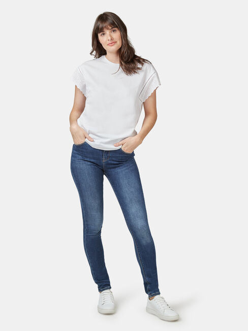 Beth Broderie Trim Tee, White, hi-res