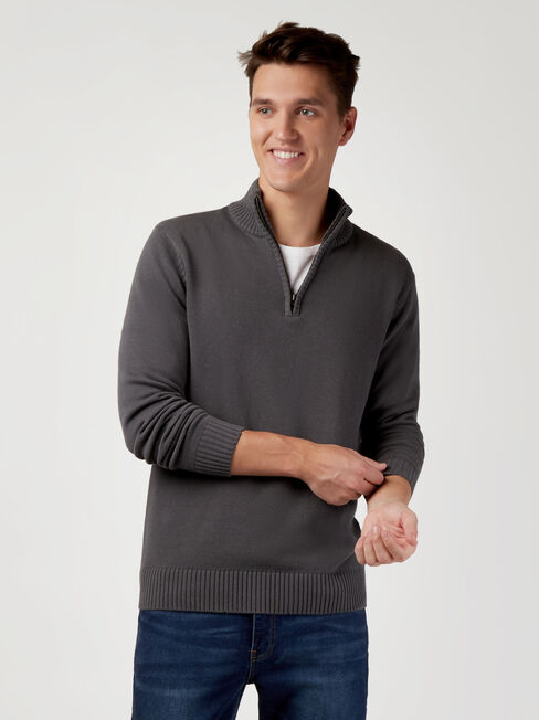 Ezra Funnel Zip Neck Knit, Black, hi-res