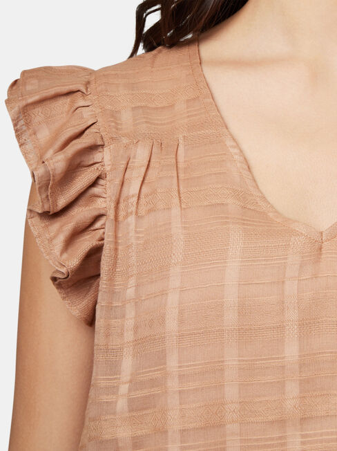 Freya Textured Frill Sleeve Top, Brown, hi-res