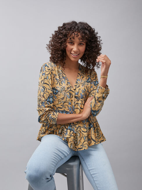 Everly Button Thru Top, Yellow, hi-res