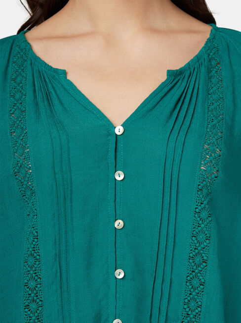 Lana Lace Insert Tie Front Top, Green, hi-res
