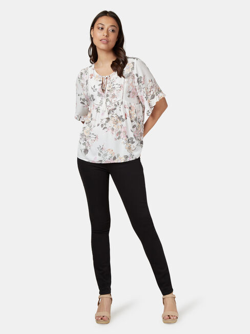 Tia Short Sleeve Peasant Top, White, hi-res