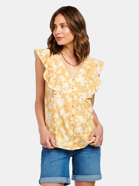 Penelope Flutter Slv Top, Yellow, hi-res