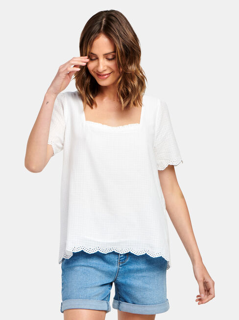 Sara Square Neck Textured Top, White, hi-res
