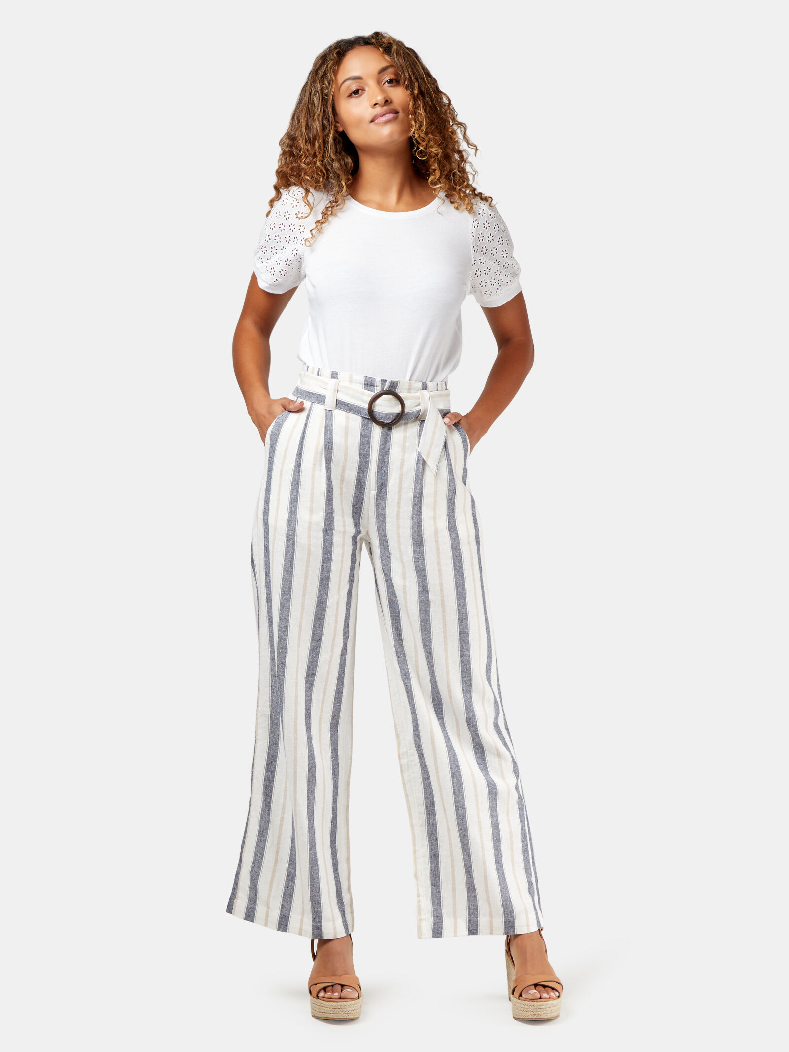 Belted striped high waisted tapered pants hot sale