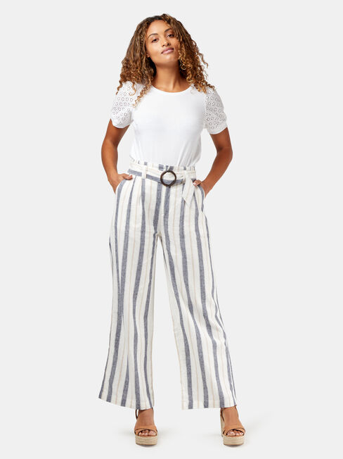 Phoebe Belted Stripe Pant, White, hi-res