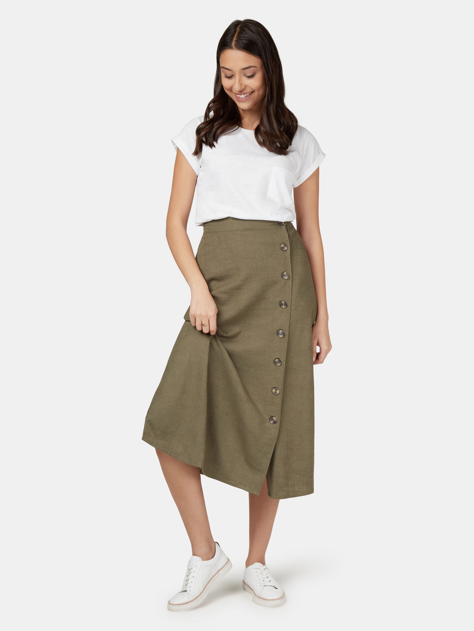 Khaki high waisted button front skirt clearance