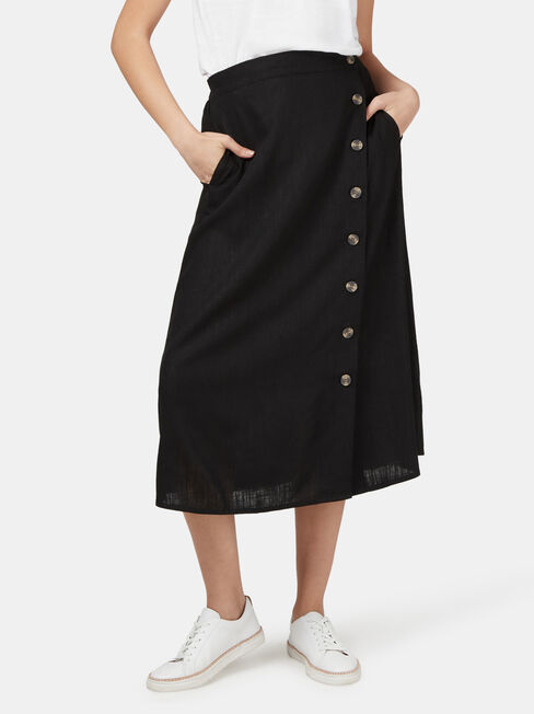 Daisy Button Front Skirt, Black, hi-res