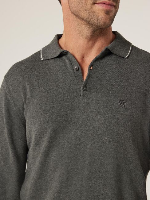 Eric Tipped Long Sleeve Polo, Dark Stone, hi-res