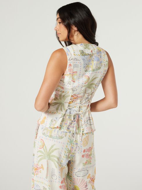 Jenna Linen Button Thru Top, Print, hi-res
