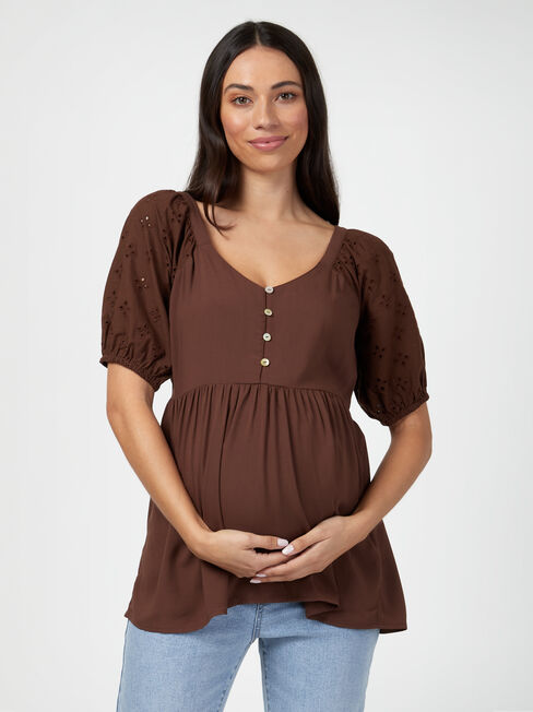 Marley Broderie Maternity Top, Brown, hi-res