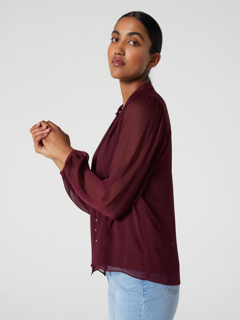 Liv Long Sleeve Button Detail Blouse, Merlot, hi-res