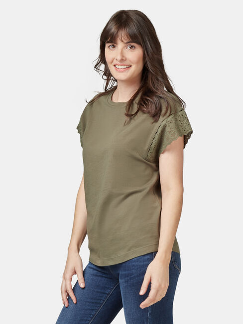 Beth Broderie Trim Tee, Green, hi-res