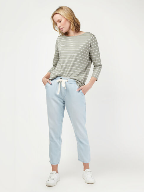 Essential Boatneck Tee, Green Stripe, hi-res