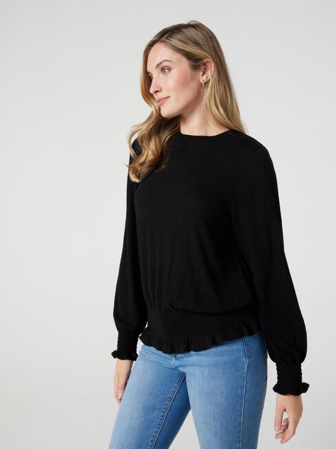 Jemma Soft Touch Shirred LS Top, Black, hi-res