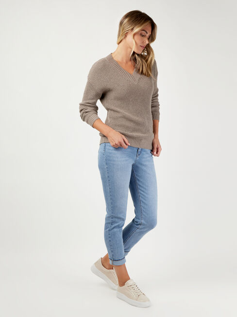 Logan V-Neck Chunky Knit, Brown, hi-res