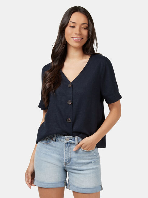 Carrie Button Front Linen Tee, Blue, hi-res