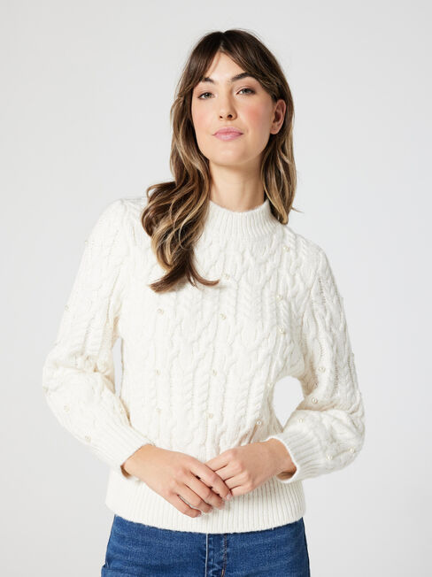 Suzie Pearl Cable Pullover Knit, Pearl White, hi-res