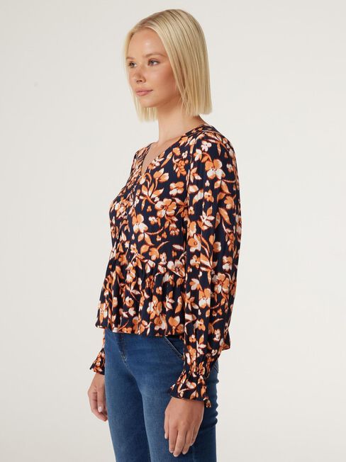 Poppy Rouched Bust Top, Blurred Rust Floral, hi-res