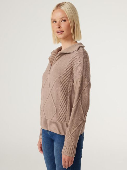 Opal Half Zip Knit, Latte, hi-res