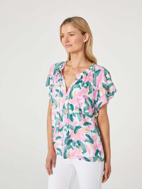 Jewel Flutter Sleeve Top, Print, hi-res