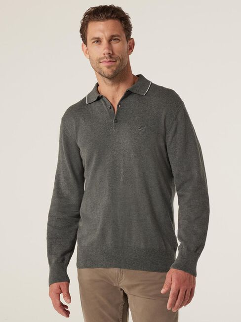 Eric Tipped Long Sleeve Polo, Dark Stone, hi-res