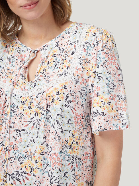 Tara Short Sleeve Peasant Blouse, Floral, hi-res