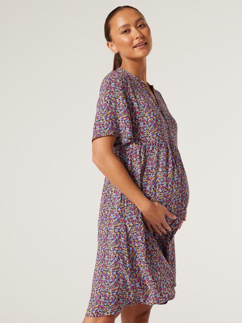 Floral Half Button Maternity Dress, Floral Multi, hi-res