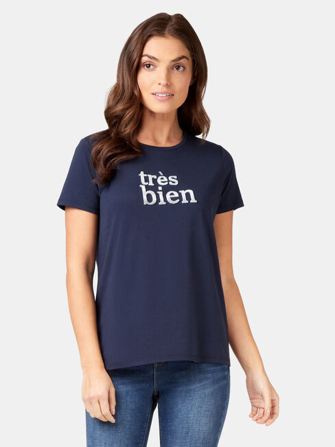 Tres Bien Slogan Tee, Blue, hi-res