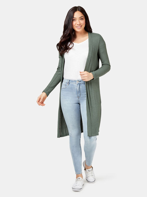 Lainie Rib Longline Cardigan, Green, hi-res