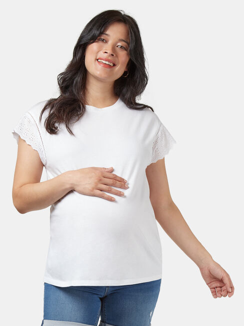 Elle Broderie Maternity Tee, White, hi-res