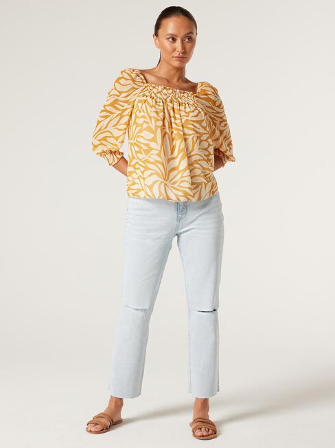 Steph Square Neck Shirred Blouse, Golden Leaf, hi-res