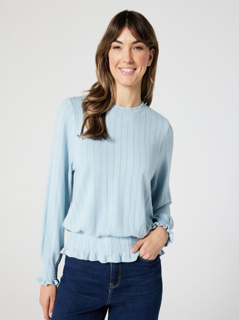 Jemma Soft Touch Shirred LS Top, Powder Blue, hi-res