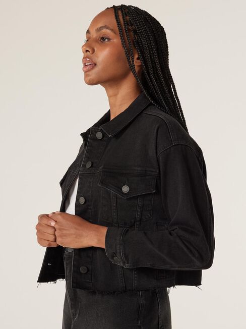 Crop Denim Jacket, Washed Black, hi-res