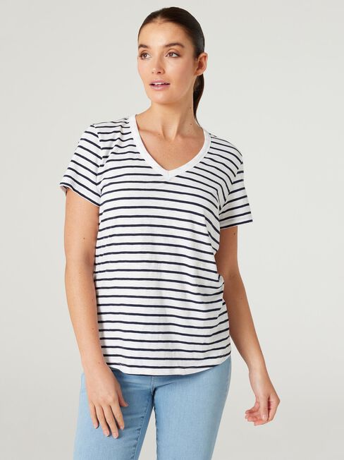 Essential V-Neck Tee, White & Navy Stripe, hi-res
