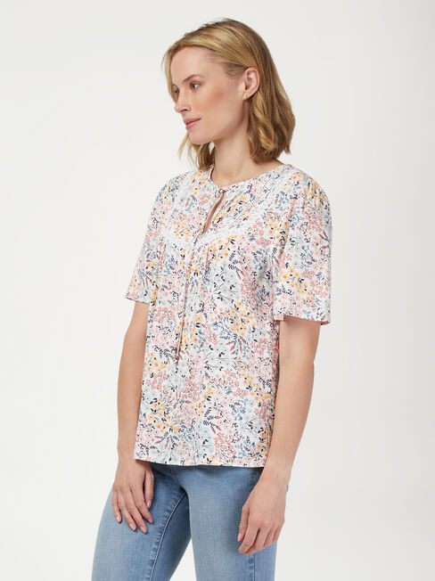 Tara Short Sleeve Peasant Blouse, Floral, hi-res