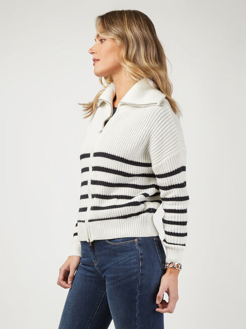 Josie Twin Zip Front Cardi, White & Navy Stripe, hi-res