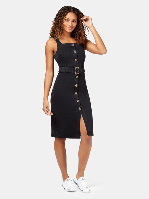 Simone Button Through Denim Dress, Black, hi-res