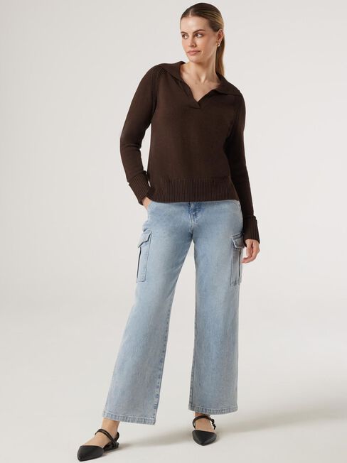 Amalia Collared Knit, Brown, hi-res