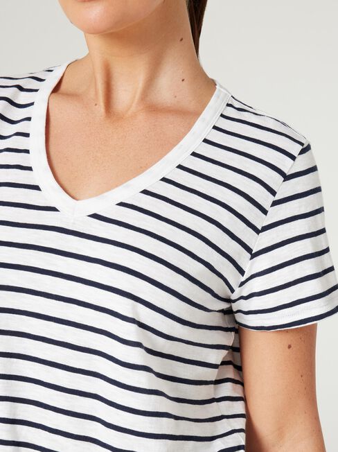 Essential V-Neck Tee, White & Navy Stripe, hi-res