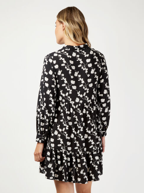 Isla Half Button Tiered Dress, Black, hi-res