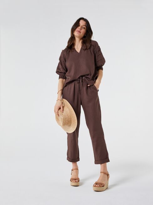 Linen Blend Pant, Brown, hi-res