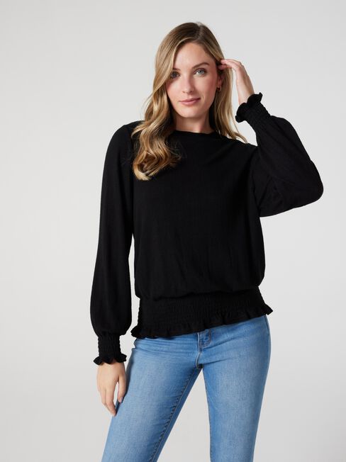 Jemma Soft Touch Shirred LS Top, Black, hi-res