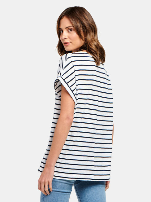 Drop Shoulder Tee, White & Navy Stripe, hi-res