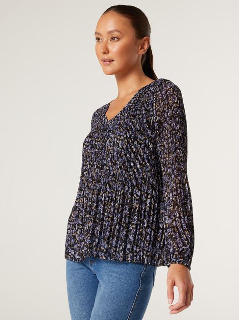 Penny Pleated V-Neck Top, Midnight Ditsy, hi-res