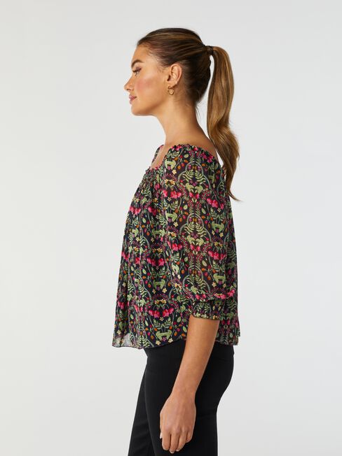 Steph Square Neck Shirred Blouse, Brown, hi-res