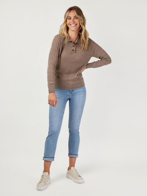 Zoey Half Button Polo Pullover, Brown, hi-res