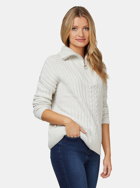 Ziggy Zip Front Pullover, White, hi-res