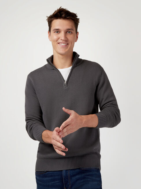Ezra Funnel Zip Neck Knit, Black, hi-res